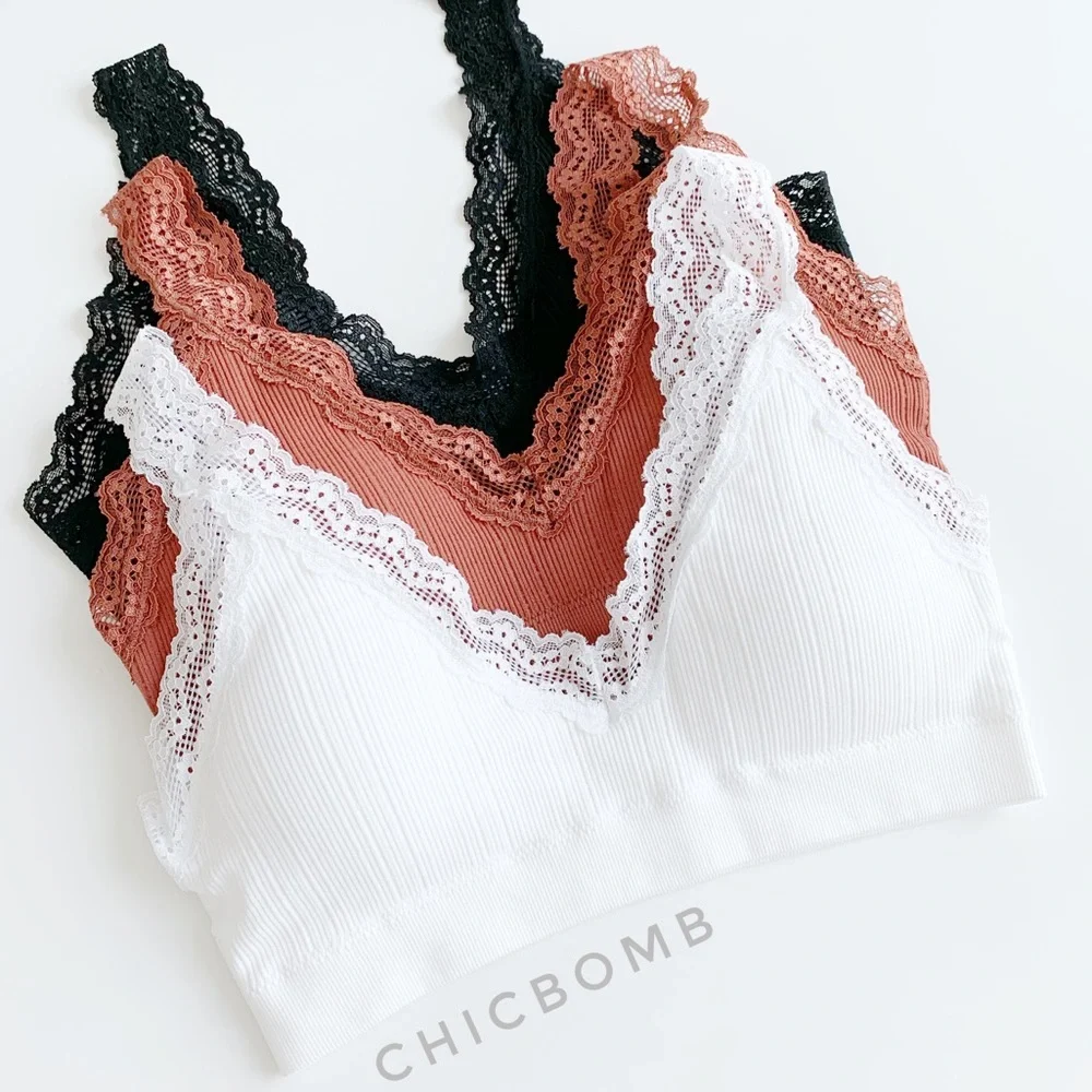 EVERYDAY SOFT RIBBED LACE BRALETTE - WHITE - Picture 1 of 4